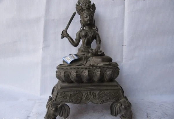 

150401 S0935 12"Tibet Bronze Manjusri Avalokitesvara Kwan-Yin Stand on elephant Table Statue