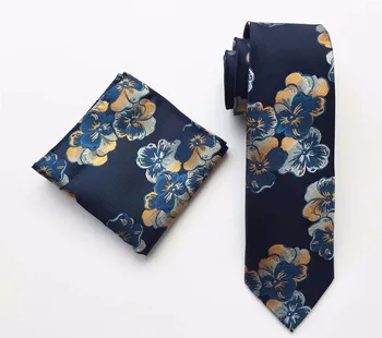 

New Design Gentlemen Floral Necktie Set Dark Blue with Fashion Flower Pattern Ties with Pocket Square