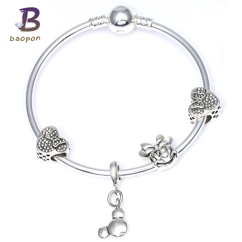 

BAOPON Simple Friendship Brand Bracelets Silver Color Mickey Minnie Pendant Charm Bracelets Bangles For Girls Jewelry Gift