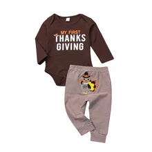 

Thanksgiving 2pcs Outfits Baby Girl Boy Clothes Sets Long Sleeve Letter Bodysuit Striped Animal Pants Cotton Clothing 0-18M