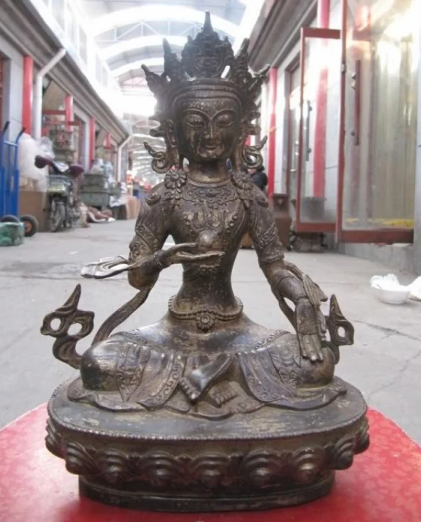 

003950 Tibet Temple Old Copper Bronze Kwan-Yin Bodhisattva Buddha Hand hold Bead Statue