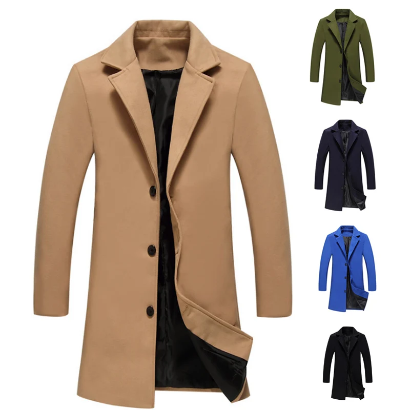

Men Autumn Woolen Overcoat Turn-down Collar Three Buttons Single-breasted Long Coats NYZ Shop