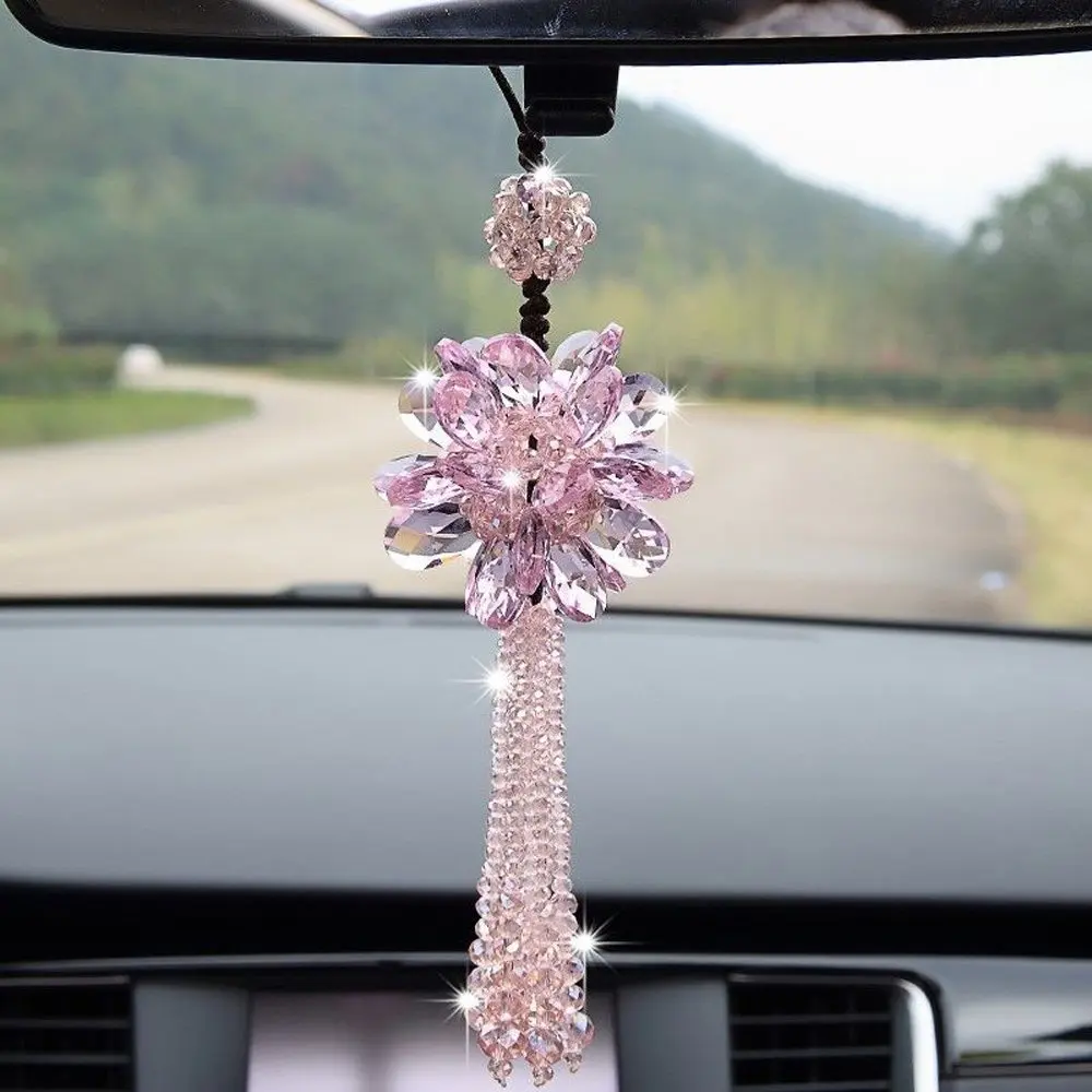 Crystal Flower Car Hanging Ornament Car Rear View Mirror Pendant Car Decor Accessories