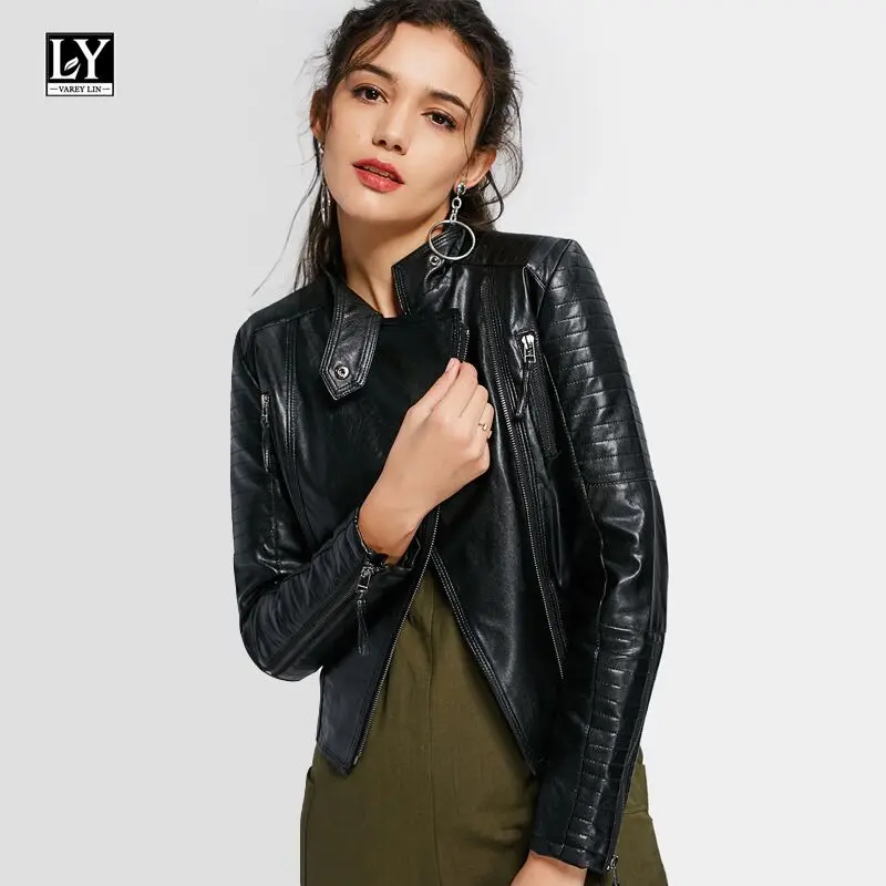

Ly Varey Lin Leather Jacket Women Slim Pu Motorcycle Faux Soft Leather Zipper Lady Short Jacket Balck Punk Outwear