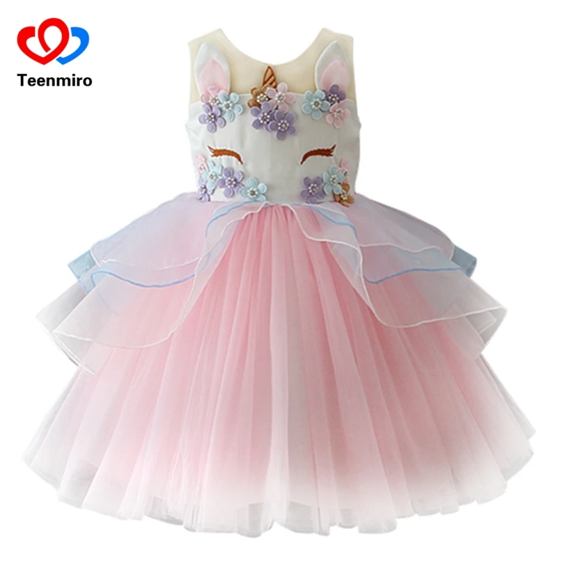 Fancy Kids Unicorn Dress For Girls Embroidery Flower Ball Gown Baby Girl Princess Dresses For Party