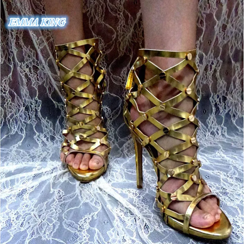 

Gold/Black Glittering Patent Leather Women Stilettos Open Toe Gladiator Sandals Platform Back Zipper High Heel Party Shoes Woman