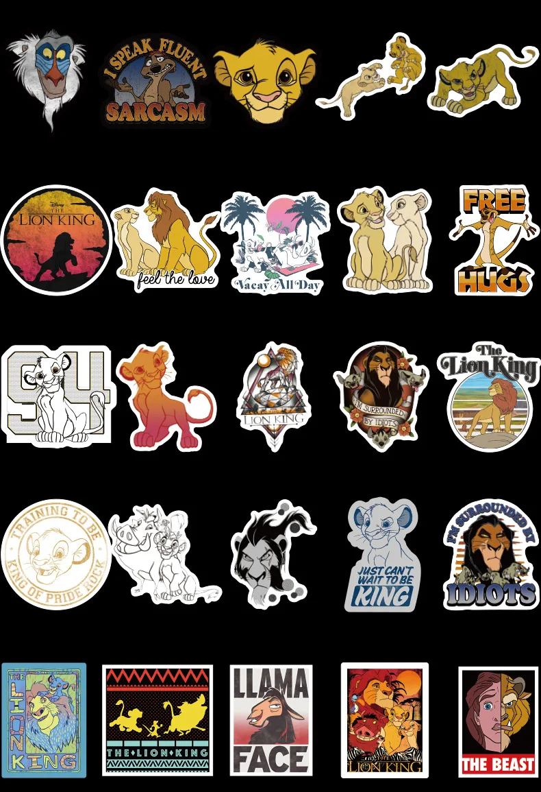 50pcs/set The Lion King PVC Waterproof Fun Sticker Toy Luggage Stickers Motorcycle and Luggage Notebook Cartoon Sticker F4