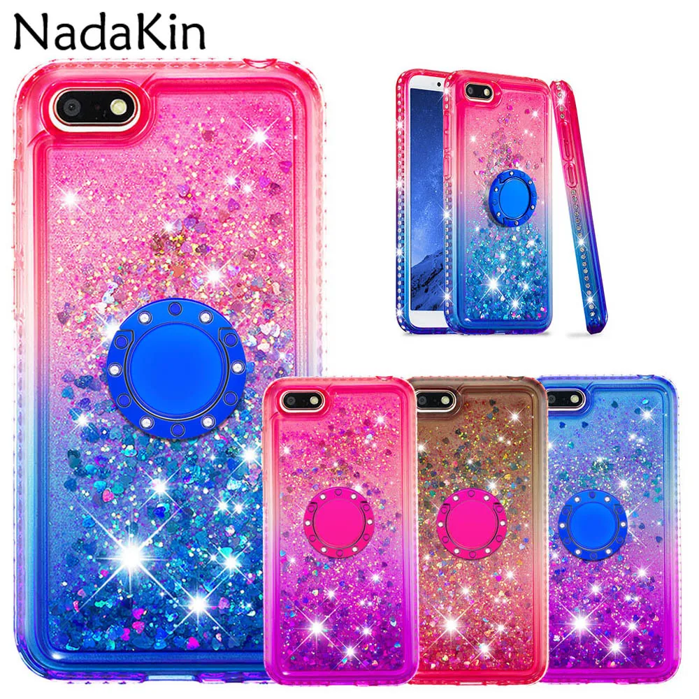 

Gradient Quicksand TPU Silicone Back Case for Huawei Y5 2018 With Finger Ring Stand Diamond Border for Y5 Prime 2018