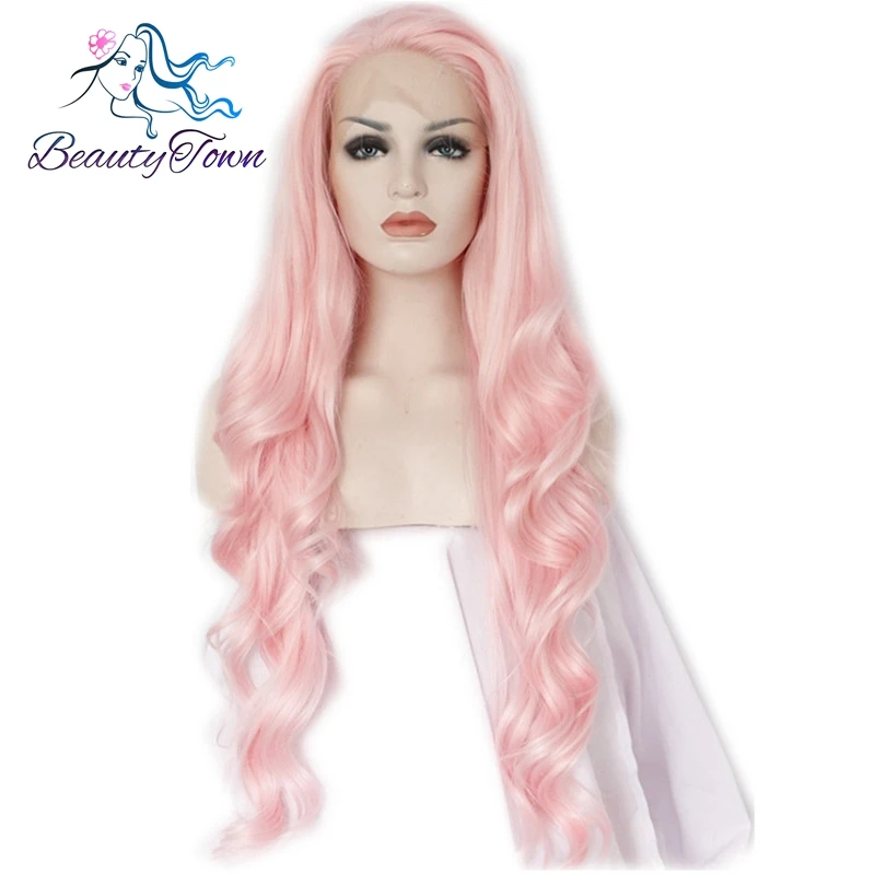 

BeautyTown Natural Long Pink Body Wave Glueless Heat Resistant Fiber Hair Wig Drag Queen & Cosplay Synthetic Lace Front Wigs