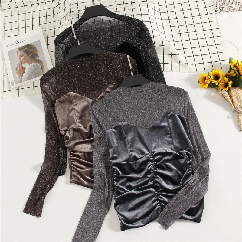 

2018 New Spring Autumn Women Mesh Shirt Slim Lace Ptachwork Velvet Blouse Female Long Sleeve Bottoming Blouses Short Tops AB1180