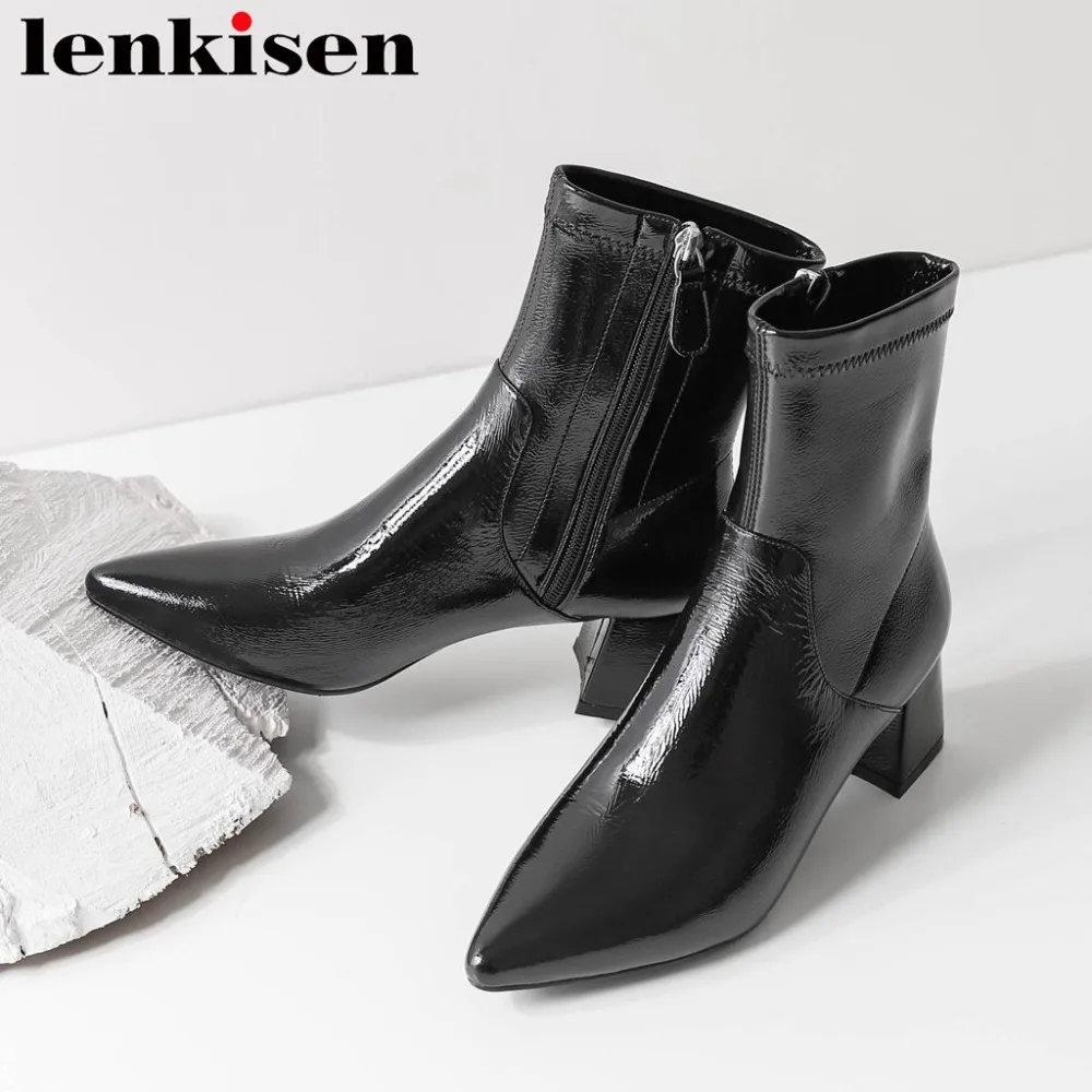 

2018 superstars med thick heels zipper cow patent leather queen style pointed toe handsome oxford euqestrian mid-calf boots L43