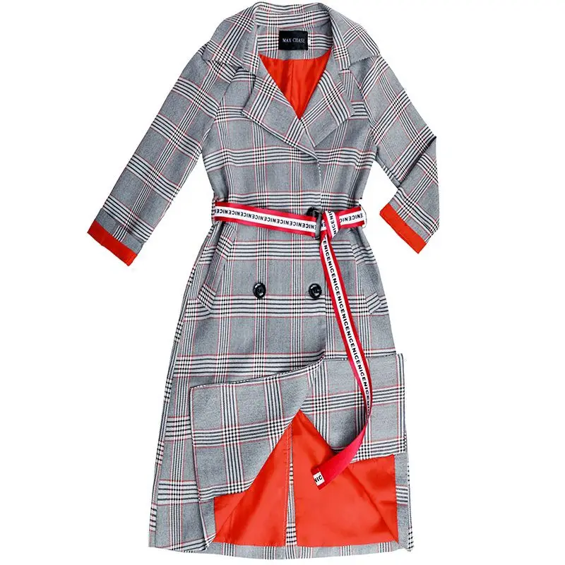 

2019 Spring Fashion Female Trench Coats Medium-long Long Sleeve Vintage Plaid Outwear Turn-down Collar Women Windbreaker Casual