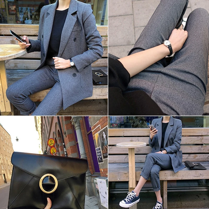 Fashion Spring And Autumn Slim Trousers Two Pieces Grey Double Breast Button Long Pant Jacket Office Lady Long Sleeves Lady Suit