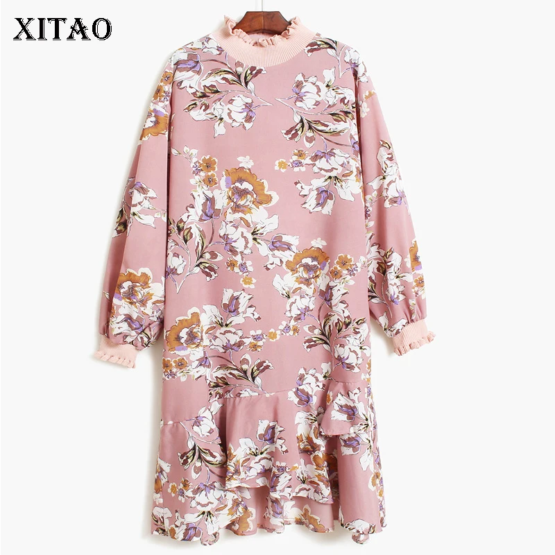 

[XITAO] 2019 Korea Spring Vintage New Women Floral Pattern Print Turtleneck Ruffles Full Sleeve Pullover Irregular Dress GJ018