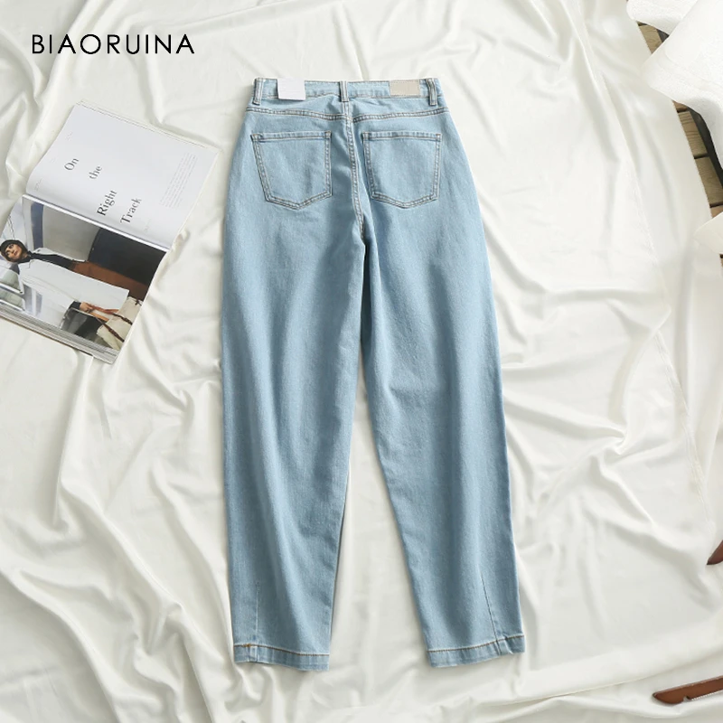 BIAORUINA, женские синие универсальные джинсы с морковкой, женские свободные Выбеленные модные джинсы, женские повседневные джинсы размера плюс