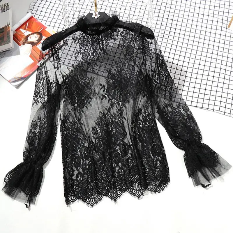 

Womens Long Flare Sleeve Sheer Mesh Blouse Hollow Out Embroidered Floral Lace Shirt Swimsuit Cover Up Ruffles Neck Solid Color B