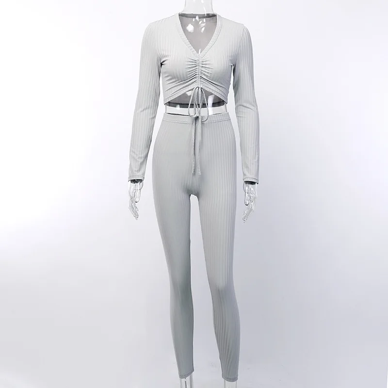 BOOFEENAA серый ребристый трикотажный сексуальный комплект из двух предметов топ и штаны спортивный костюм женская одежда осень зима повседневная одежда C66-AC45