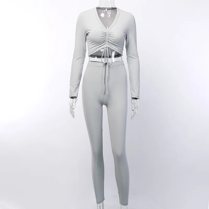  BOOFEENAA Gray Ribbed Knitted Sexy Two Piece Set Top and Pants Tracksuit Women Clothing Fall Winter