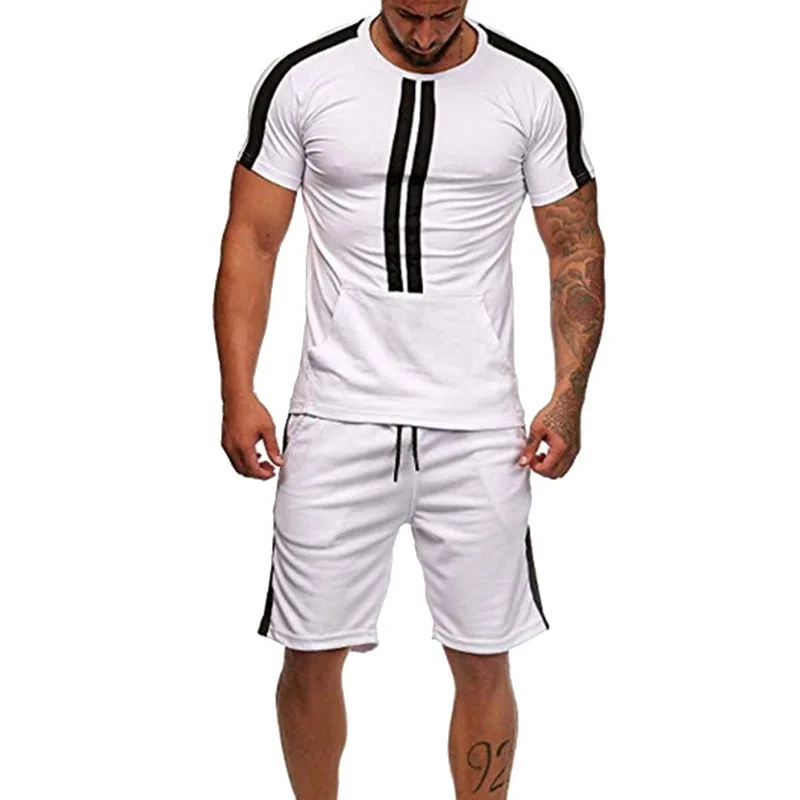 

Men Summer Quick Dry Striped Sports Set 2 Pieces New Running Cycling Sports Gym Tracksuit O-neck Short Sleeves T-Shirts+Shorts