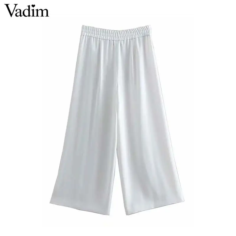 

Vadim women elegent solid white wide leg pants elastic waist side zipper buttons ankle length pant long trousers mujer KA878