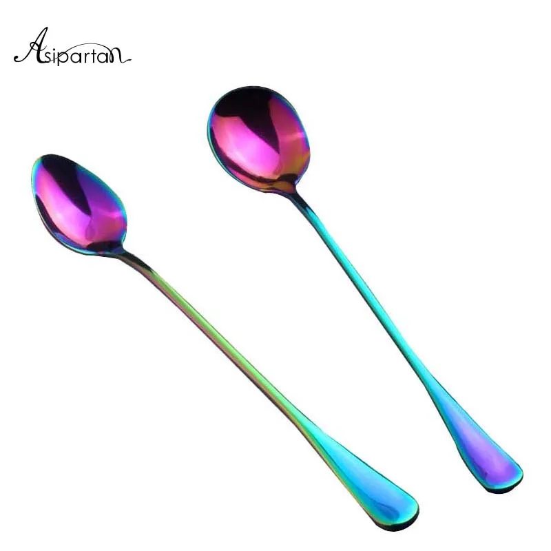 

Asipartan 2pc/set Rainbow Long Handle Coffee Spoon Stainless Steel Mixing Stirring Drink Fruit Ice Cream Cake Dessert Tea Spoon
