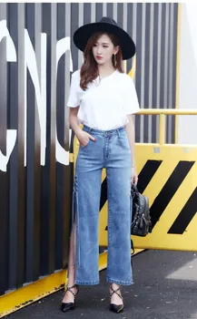 

2019 Summer Women High Slit Open Lace-Up Side Wide Leg Pants Hollow Out Denim Trousers High Waist Washed Jeans Pants