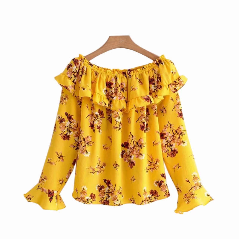 Womens Elegant Flower Print Chiffon Top Sexy Slash Neck Splicing Ruffled Trumpet Long Sleeve 2018 New Summer Beach Blouse |