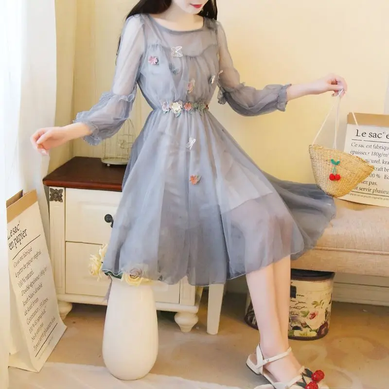 Vestido de festa, Осеннее женское платье принцессы, 2 предмета, Цветочная вышивка, три четверти, рукав-фонарик, сетчатые вечерние платья WF301