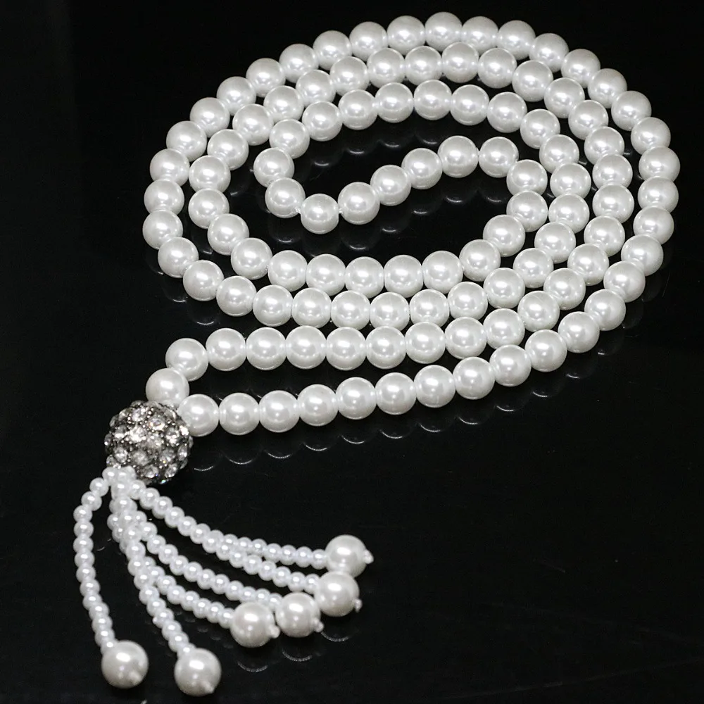 Beauty necklace white 8mm round shell simulated-pearl silver plated beads tassel pendant gift jewelry 32inch B1423