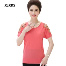 XJXKS высокое качество вышивка цветы женские футболки beading бисер фирменный дизайн женские летние топы подарок