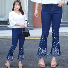 PL014 плюс размер джинсы для женщин Высокая талия деним женские эластичные брюки с высокой посадкой обтягивающие расклешенные брюки Дамы Бисероплетение джинсы женские