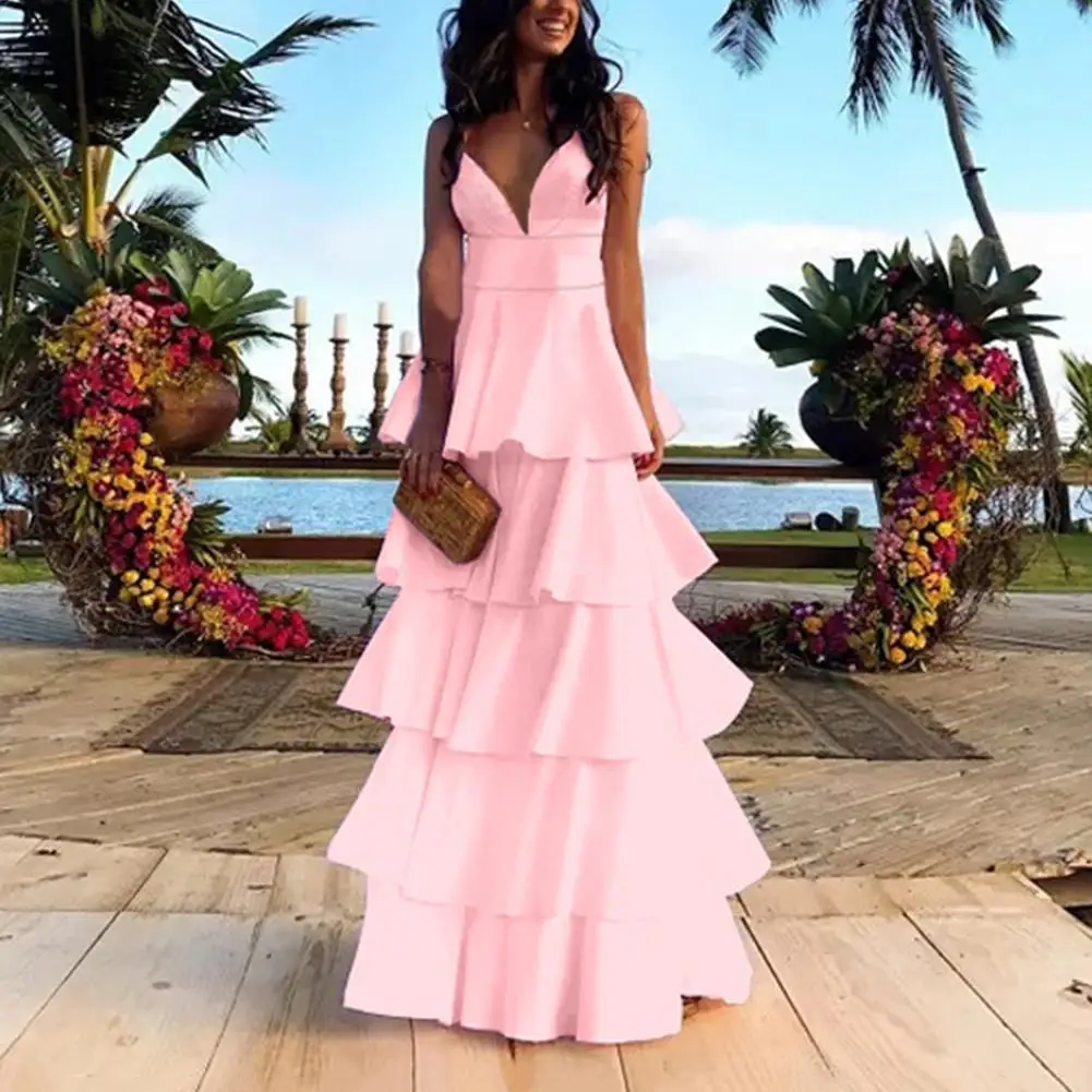 

Party Prom Women Sexy Spaghetti Strap Deep V Backless Layered Dress Maxi Gown