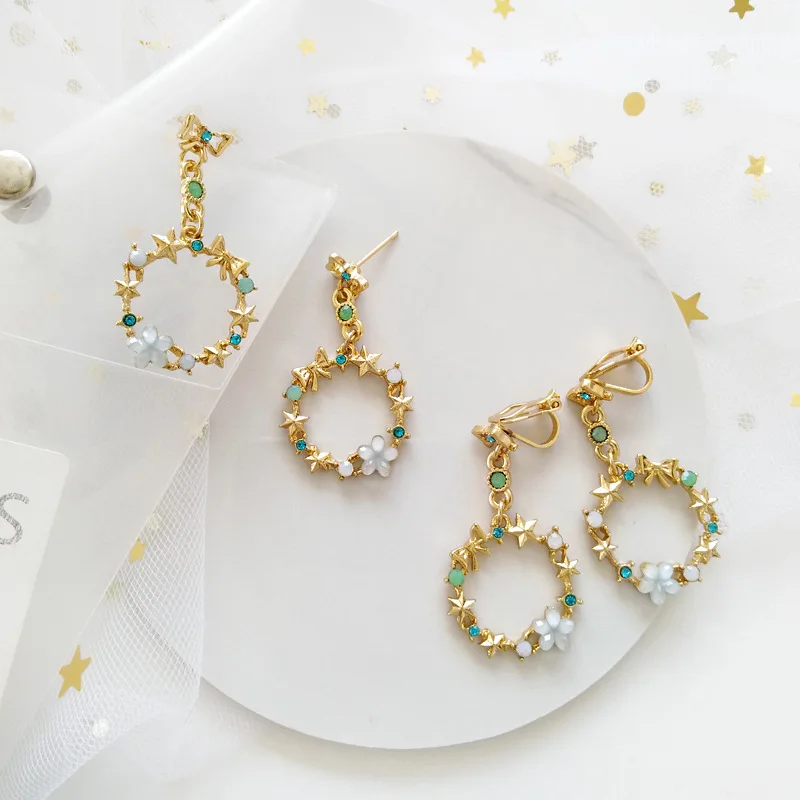 

Natural Forest Mori Girl Rhinestone Star Bowknot Clip Earrings Pink Sakura Flower Leaf Round Clips on Earrings No Pierced