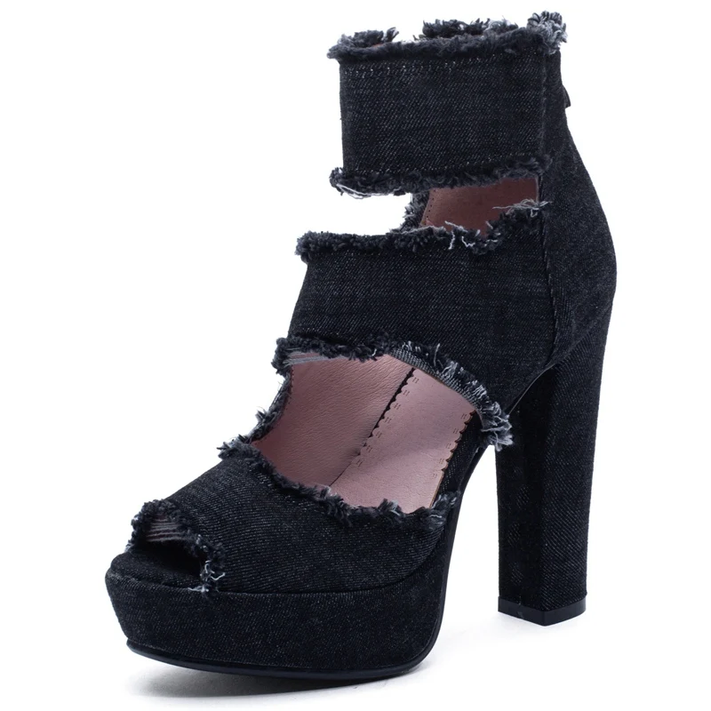 REAVE CAT/Новое поступление года; сезон весна-лето; женская обувь на высоком квадратном каблуке; на молнии; джинсовая обувь на платформе; пушистая обувь; цвет черный, синий; A2034 - Цвет: Black