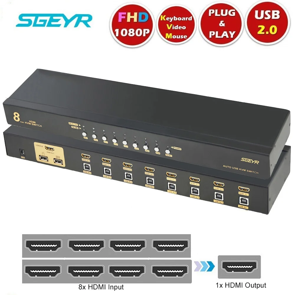 

SGEYR USB HDMI KVM Switch 8 Port KVM Switch HDMI KVM Switcher HDMI Switch Support 1080P 3D Keyboard Mouse Hot-Key Switch for PC