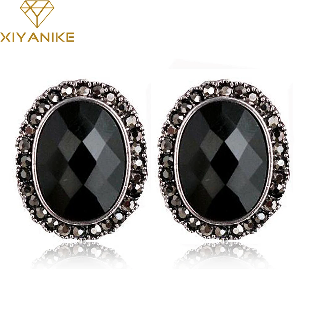 

New Brand Charm Fashion Temperament Retro Vintage Earrings Exaggerated Black Stones Gem Stud Earrings For Women brincos XY-E195