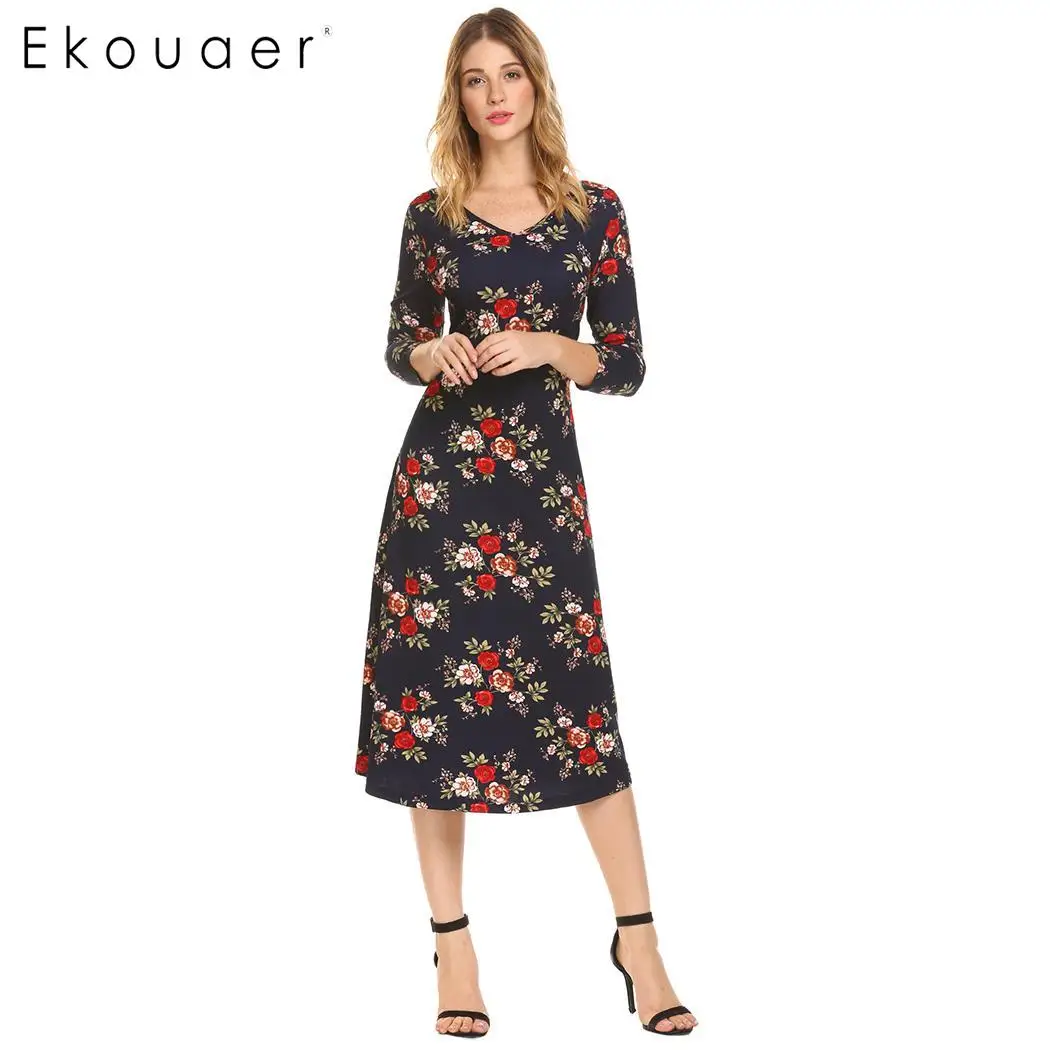 

Ekouaer Women Casual Dress V-Neck 3/4 Sleeve Back Cross Spring Autumn Dresses Pleated Bandage Floral Printed Party Vestidos