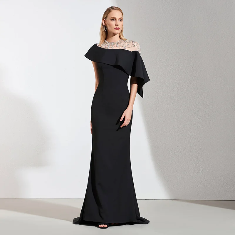 

Tanpell black evening dress beading floor length gown women cocktail party plus customed mermaid formal long evening dresses