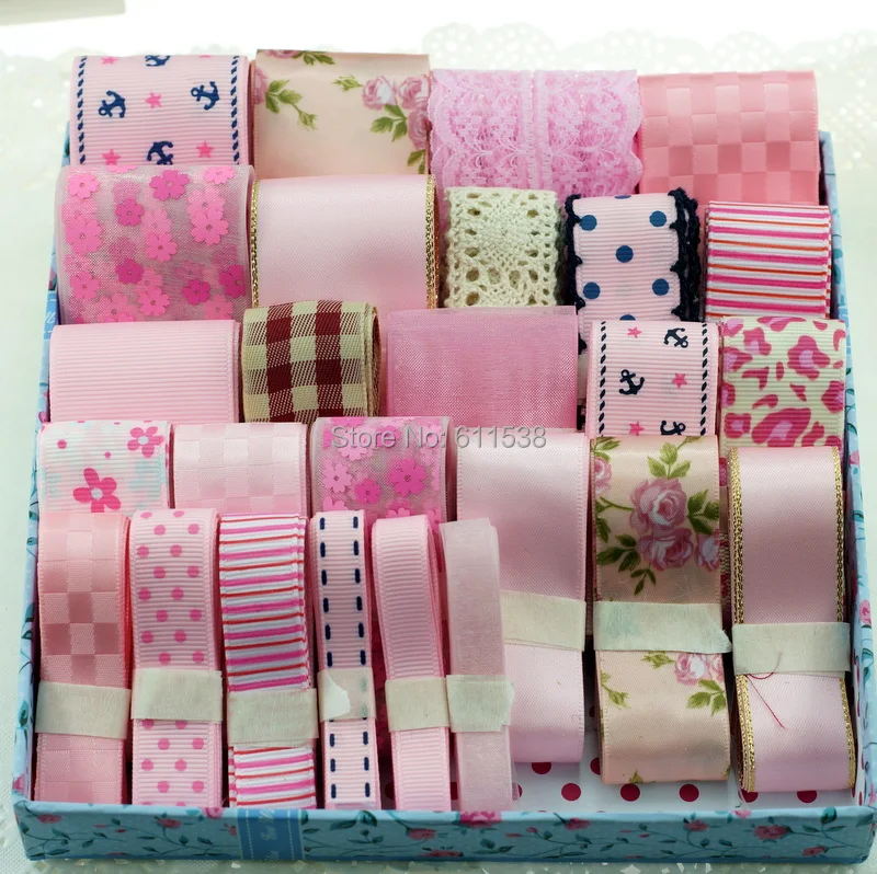 

free shipping mix ribbon material printed grosgrain ribbon and ribbon embroidery for handmade ribbons set 28 meters