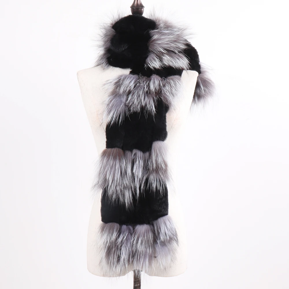 Hot Sale Women Fashion Real Silver Fox Fur Scarf Natural Warm Rex Rabbit Fur Muffler Lady Winter Genuine Fur Scarves