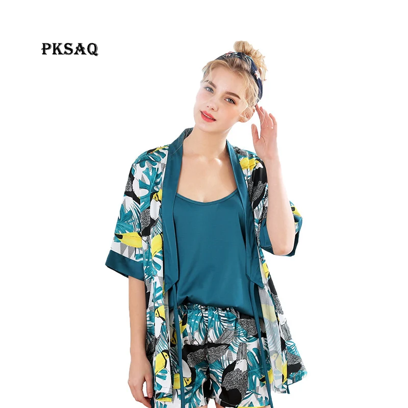 

Women's Pajamas Sets Sexy Pyjama Satin Silk Flower Print Nightwear robe sling and short 3 pcs clothes female Sleepwear