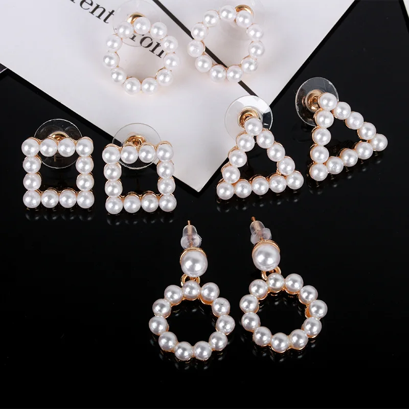 

Each 2 Types Geometric Hollow Triangle Circle Square Full Small Simulated Pearl Beads Stud Earrings for Women