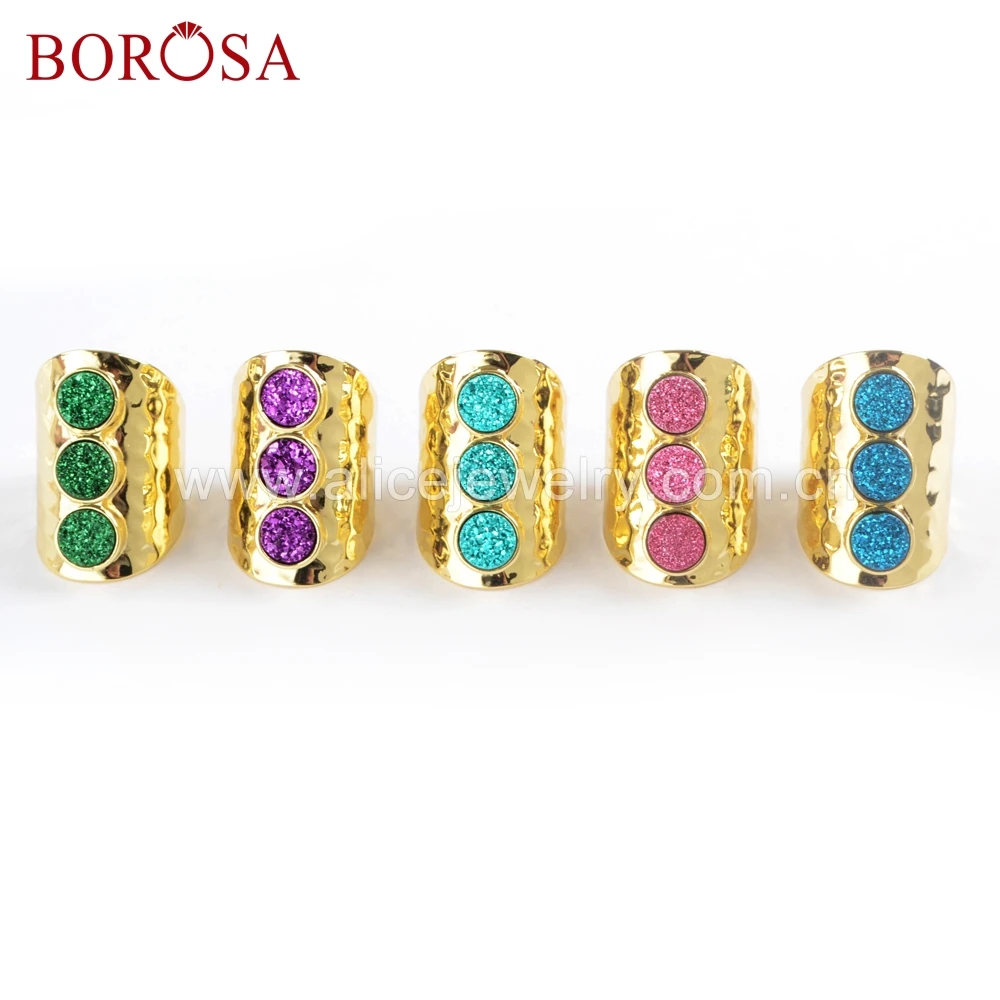 BOROSA 4pcs Round Titanium Dark Rainbow Druzy Band Ring Equality Three Gems Gold-color Rings Gifts ZG0366 | Украшения и