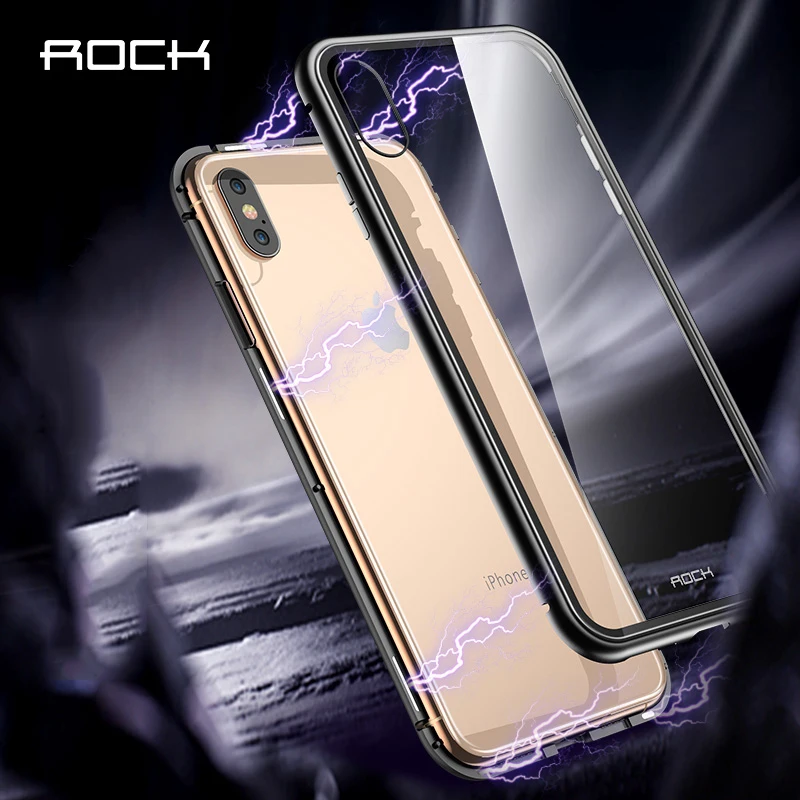 

ROCK Ultra Magnetic Auto Adsorption Protection Phone Case For iPhone X XS Max XR Metal Luxury Magnet 9H Glass Cover Fundas