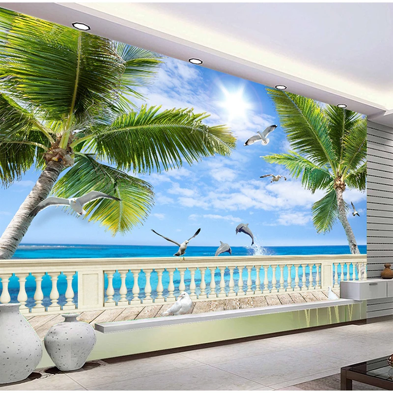 Custom Photo Wallpaper Mural 3D Mediterranean Beach Seascape Coconut Decorative Wall Painting