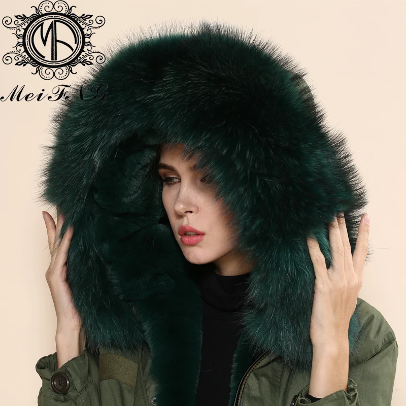 Зеленый мех Новое высококачественное пальто модное с мехом енота капюшон для женщин красивое пальто