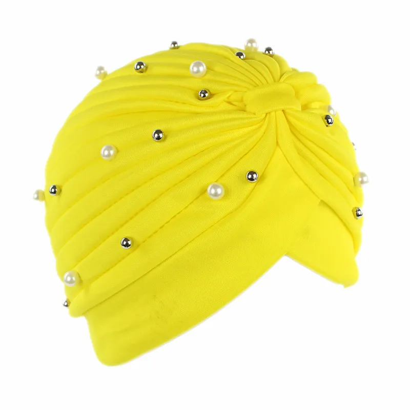 Мягкая мусульманская шапка с полным покрытием, модная женская шапка-тюрбан с бисером, исламский шарф, шапка для женщин, шапка на всю голову, шапки - Цвет: Цвет: желтый