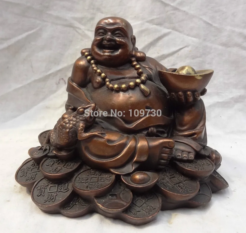 

003206 9" Chinese Pure Bronze Coin Happy Laughing Maitreya Buddha Toad Statue