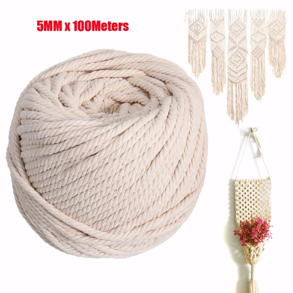 

5MM Natural Beige Cotton Macrame Wall Hanging Plant Hanger Craft Making Knitting Cord Rope 100Meters
