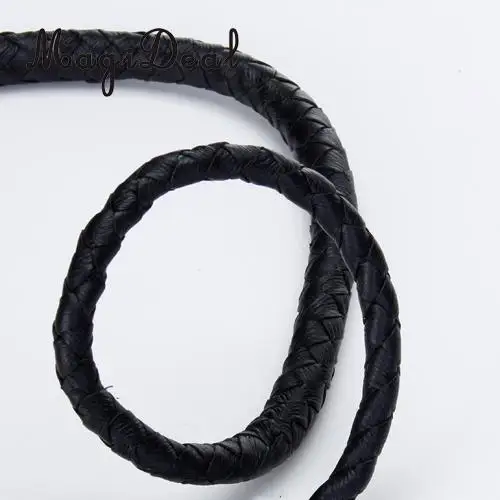 MagiDeal 6ft Outdoor Black Braided Leather Whip Bullwhip w/ Wooden Handle for Camping Hiking Equipment Accessories Black